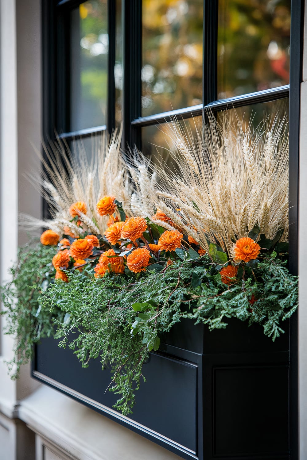 A window box adorned with vibrant orange flowers, green foliage, and tall, dry wheat stalks placed beneath a dark-framed window. The arrangement's lush greenery cascades down, adding depth and contrast to the rustic yet luxurious floral display.