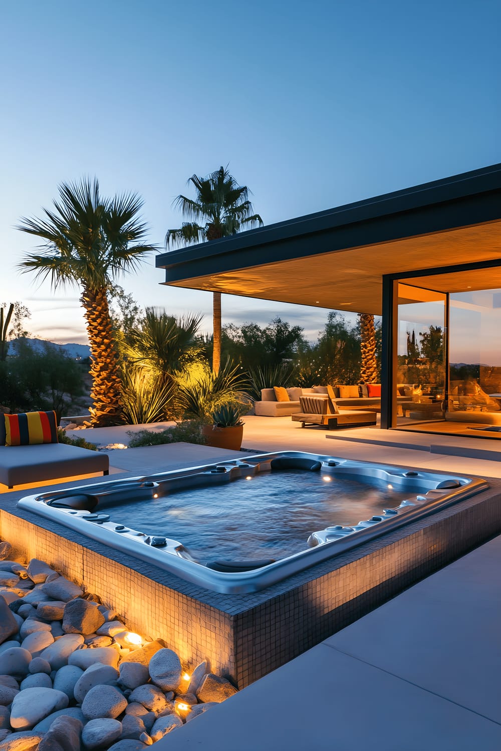 A sleek, modern hot tub is positioned amidst smooth river stones, highlighted by soft ambient LED lighting. Vibrantly cushioned outdoor loungers are situated nearby and are flanked with aesthetically pleasing potted palm plants. The picture is shot during twilight and showcases stunning water reflections.