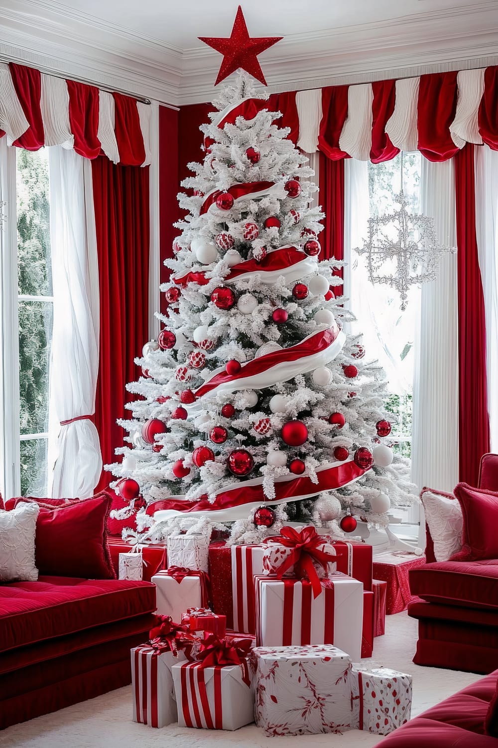 Luxurious Christmas living room featuring a grand white Christmas tree decorated with red and white ornaments, candy-striped baubles, and cascading red ribbons. The space is coordinated with velvet red couches, white and red throw pillows, and matching drapes framing the windows. A large red star tops the tree, while wrapped gifts sit neatly below. The room has a cohesive holiday charm with a red and white color scheme.