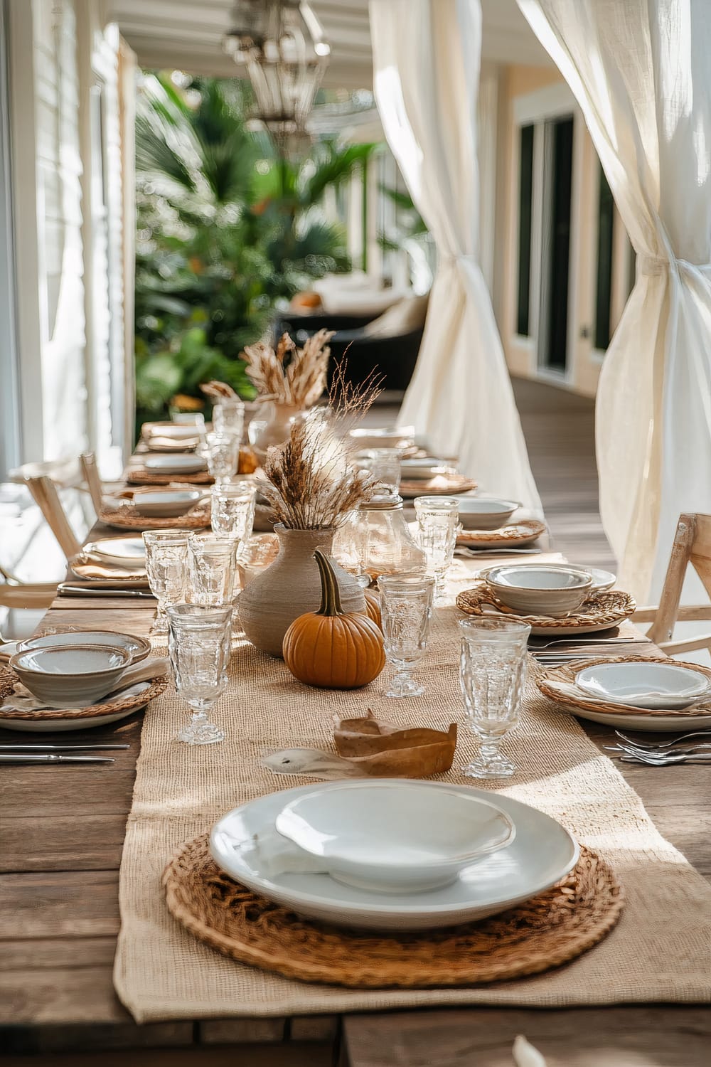 A long wooden dining table is set for a meal outdoors on a covered patio. The table is adorned with a burlap runner, several small pumpkins, and vases filled with dried foliage as centerpieces. White ceramic plates are placed on woven placemats, accompanied by clear, vintage-style glassware. The table is surrounded by wooden chairs, and sheer white curtains tied back create an airy, elegant atmosphere. Lush green tropical plants can be seen in the background through the open sides of the patio.