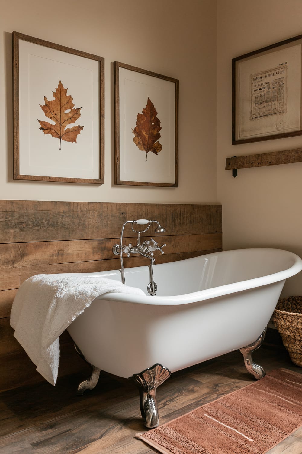 A bathroom features a classic clawfoot bathtub with polished silver feet standing on a wooden floor. The tub is draped with a white towel. Behind it, the wall has wooden paneling halfway up, complemented by light beige paint above. Three framed artworks are hung above the tub: two display pressed autumn leaves, and one contains old text. A woven basket is placed on the floor beside the tub, and a brown bath mat is laid in front of it.