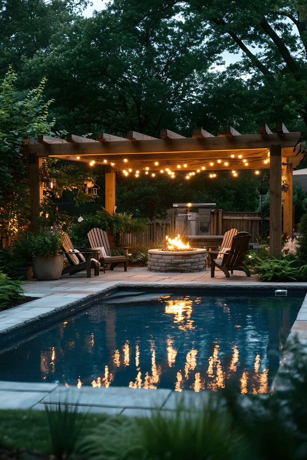 A serene backyard featuring a pool under the evening sky, adorned with warm string lights hanging from a wooden pergola. The area is completed with a glowing firepit and surrounding Adirondack chairs. The whole setting is surrounded by lush greenery and the soft glow of ambient lighting reflecting on the pool's water surface.