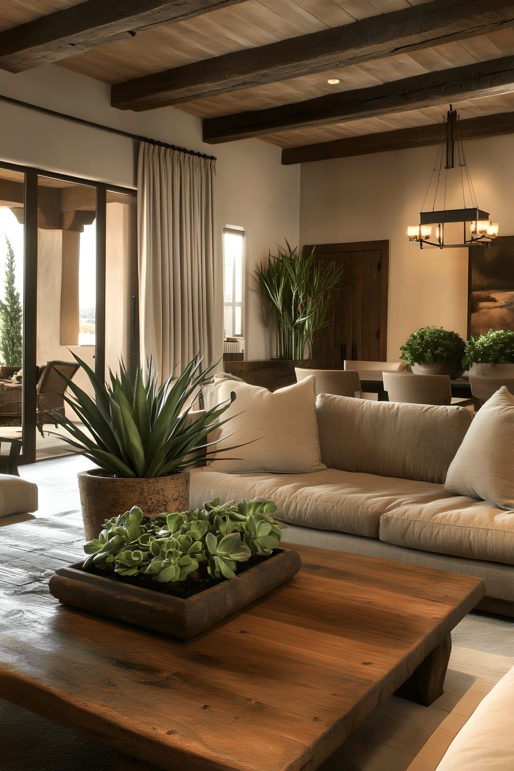 A comfortable living room featuring a blending style of rustic and modern. The room contains a plush fabric sofa with wooden legs, a reclaimed wood coffee table, and metal-framed accent chairs. Around the room, ZZ plants in modern pots add greenery. The color palette is neutral and earthy, with layers of warm light given off by pendant lights and table lamps.