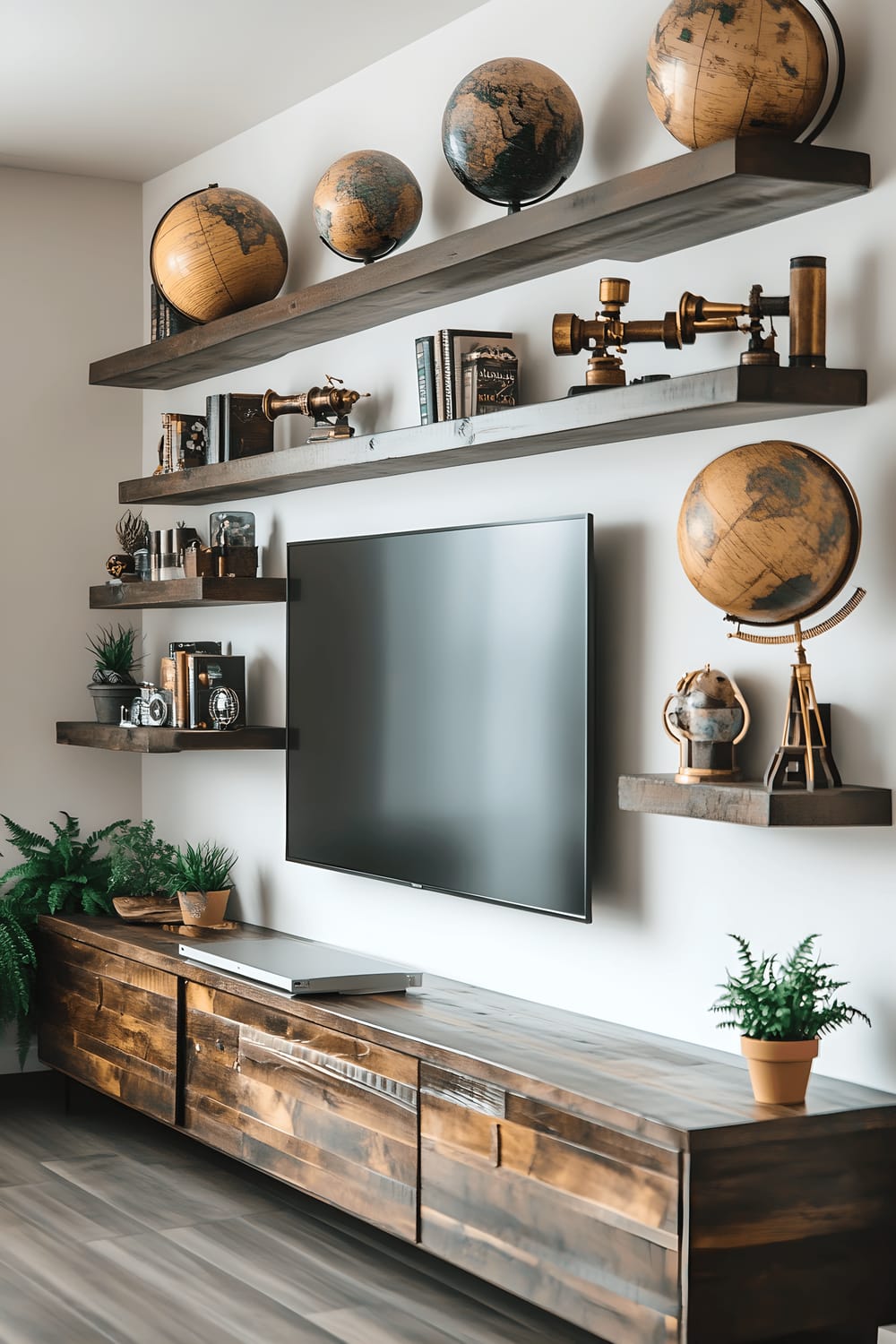 A modern flat-screen TV stands as the focal point of the scene. This technology is framed by dark wooden floating shelves laden with eclectic items such as vintage globes, antique brass telescopes, and small potted ferns, creating a blend of modernity and nostalgia. The scene takes place against an off-white wall, gently lit with warm, indirect lighting, which creates a peaceful ambience.