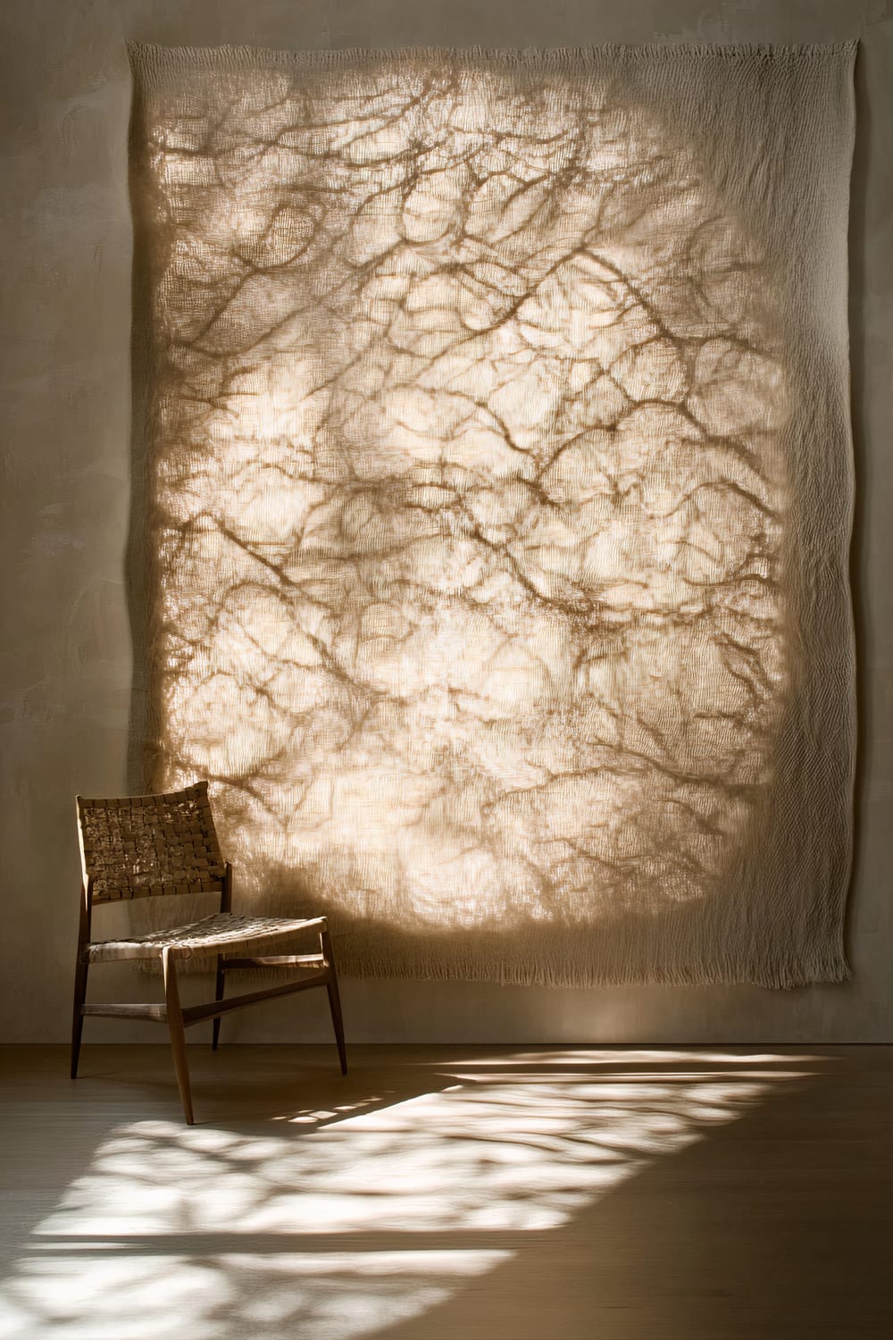 A large, neutral-toned tapestry with intricate woven patterns hangs against a softly lit wall. The backlighting casts gentle shadows and highlights the texture of the tapestry. Positioned to the left of the tapestry is a woven chair, and additional shadows from the tapestry and chair stretch across the wooden floor, creating an interplay of light and texture.