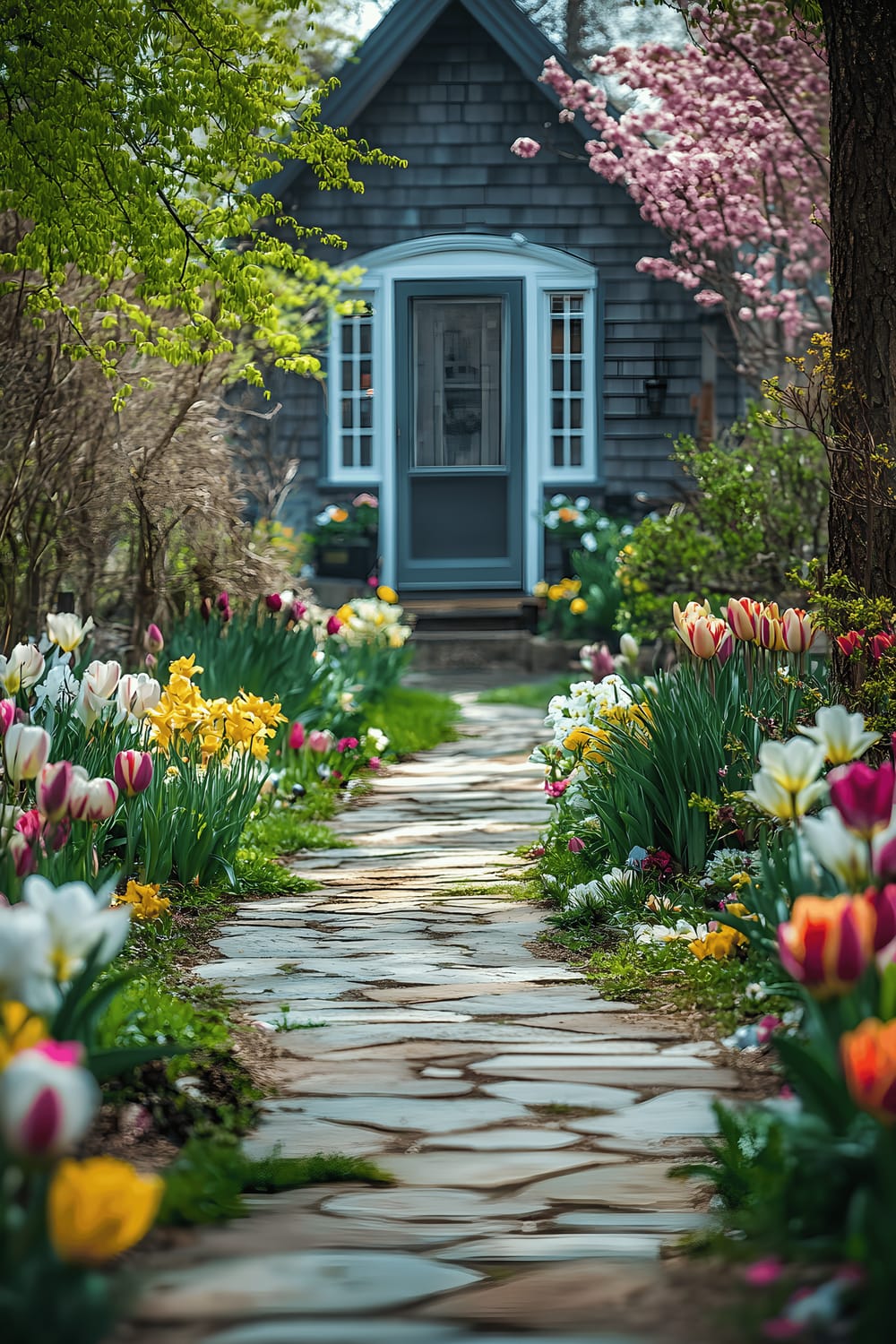 A picturesque scene of a charming suburban garden with a stone pathway lined with blooming tulips, hyacinths, and daffodils. The path leads to the front door of a house, partially hidden behind the foliage. The soft light of the late morning highlights the pastel colors of the flowers and plants.