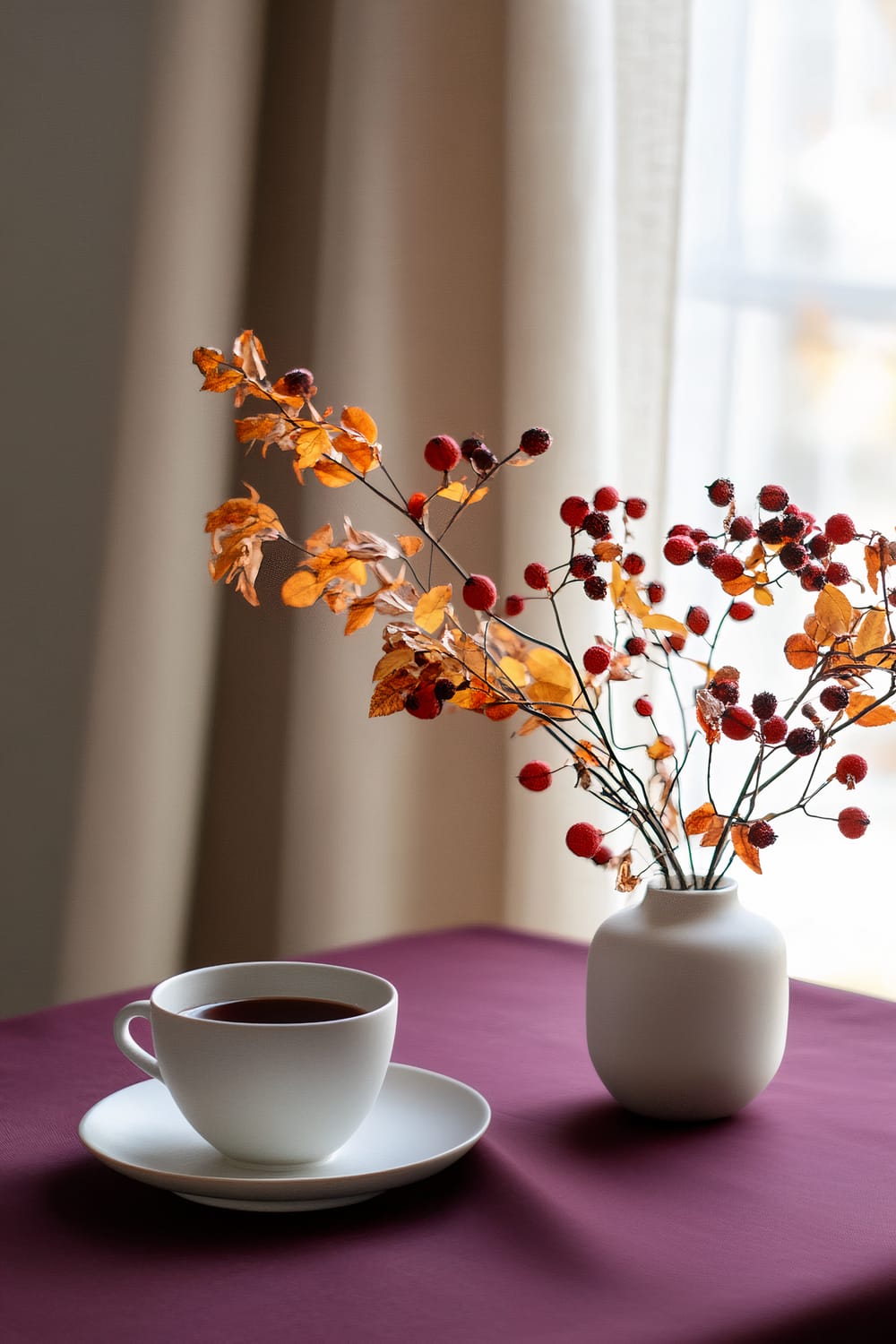 An image depicting a minimalist coffee table with a white cup and saucer filled with a dark beverage on a deep purple cloth. Next to the cup is a white vase containing a fall-themed arrangement of orange leaves and red berries. A softly blurred background of beige curtains and a window adds to the serene atmosphere.