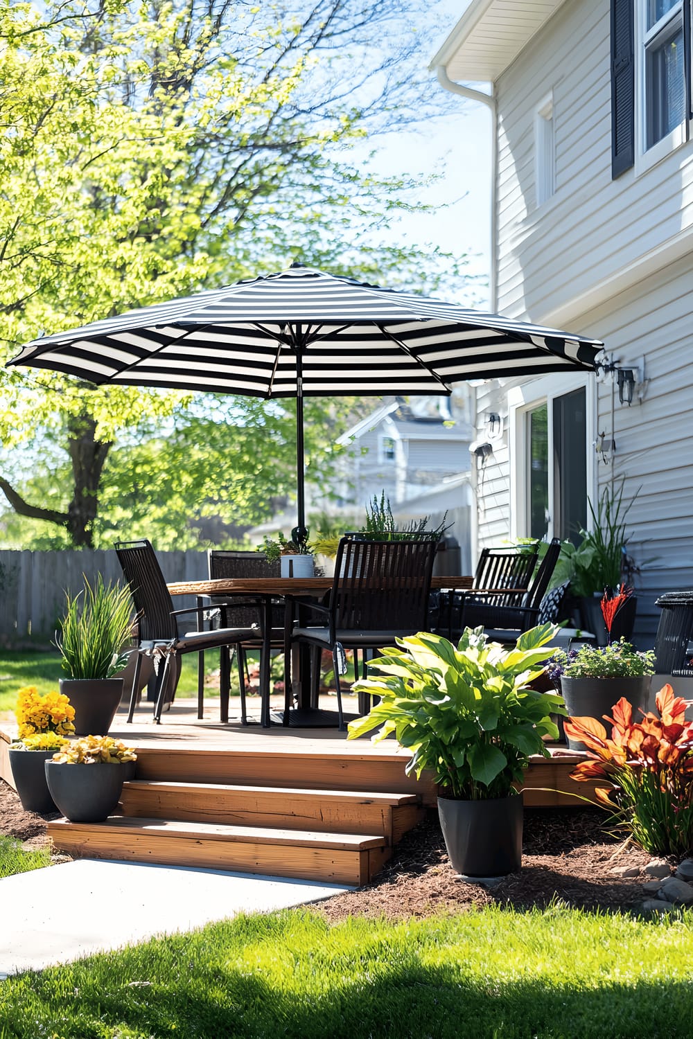 A backyard setting with a comfortable seating area, a striped umbrella offering shade above a table and chairs, surrounded by verdant foliage in well-placed decorative pots. A wooden staircase from the house's deck descends to the lush grassy patio area.