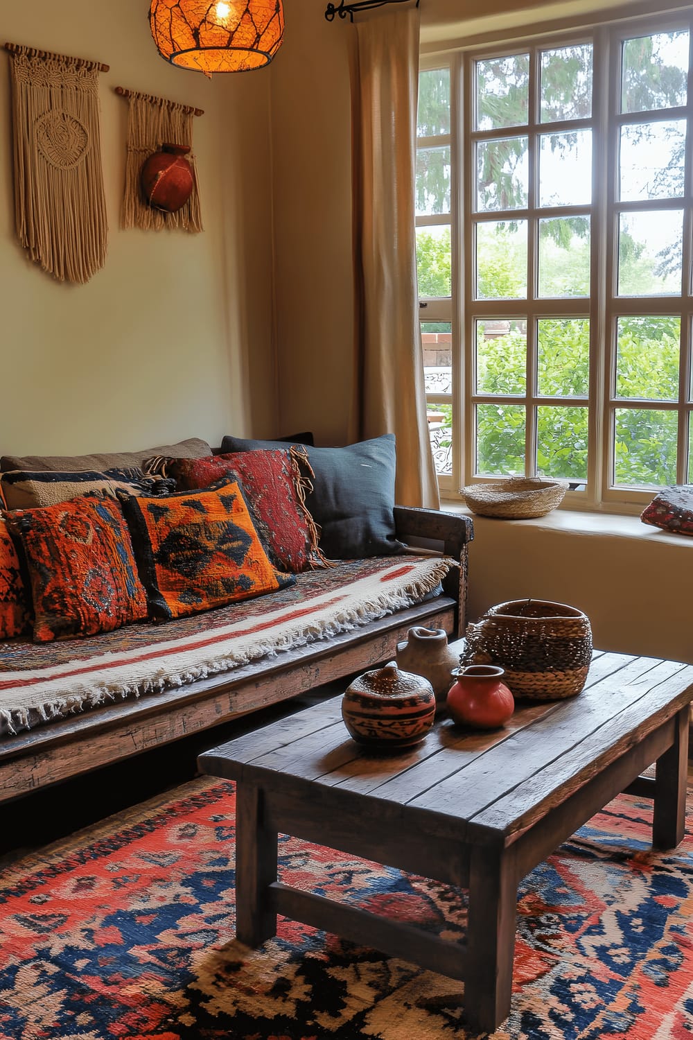 A small living room steeped in rustic and bohemian aesthetic. In the room is a worn wooden loveseat with multicolored throw blankets, a reclaimed wood coffee table adorned by handmade pottery and woven baskets. A colorful kilim rug covers the floor space. The room is well-lit from a corner window and a hanging macramé pendant lamp, causing a warm light to highlight the variety of textures and decor all around.