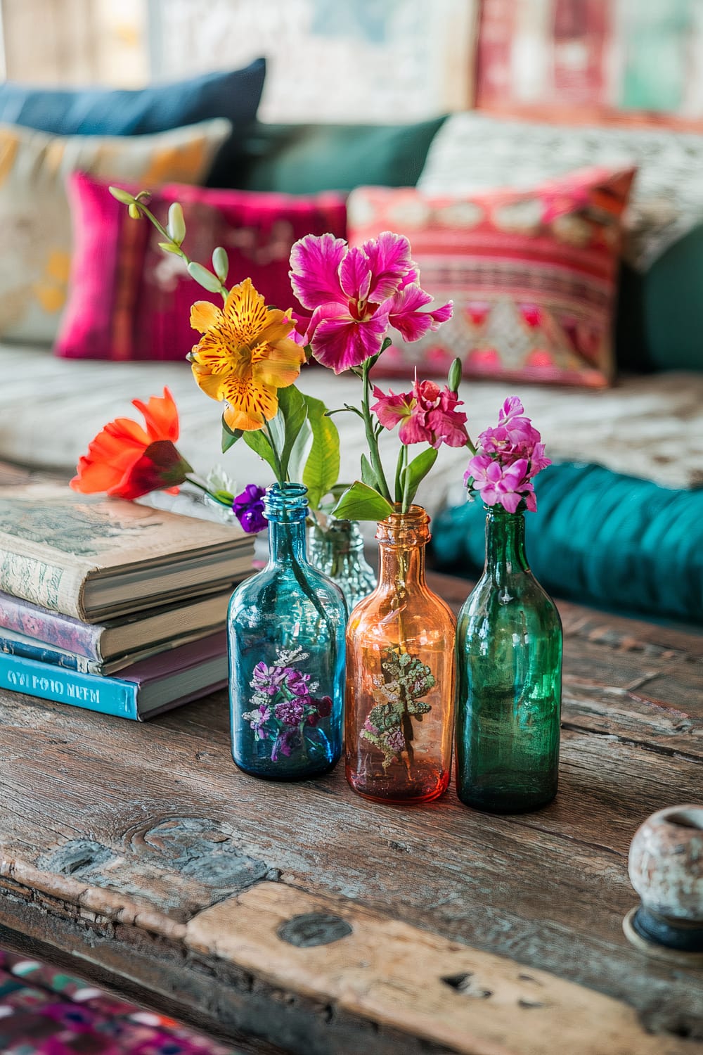 The image depicts a rustic wooden coffee table adorned with three vintage glass bottles in blue, amber, and green colors, each containing vibrant flowers. Surrounding the bottles are a stack of books and a cozy sofa in the background with an array of colorful and patterned cushions.