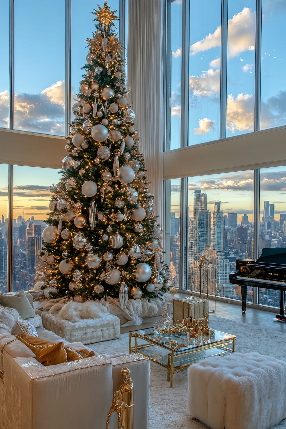 A luxurious living room with floor-to-ceiling windows offering a magnificent cityscape view. The centerpiece is a grand, elaborately decorated Christmas tree featuring oversized metallic and white ornaments, topped with a golden star. The room is adorned in an opulent white, beige, and gold color scheme, with plush fur throws, a glass coffee table with gold trim holding festive decorations, and wrapped gifts. In the background, a black grand piano adds elegance to the space.