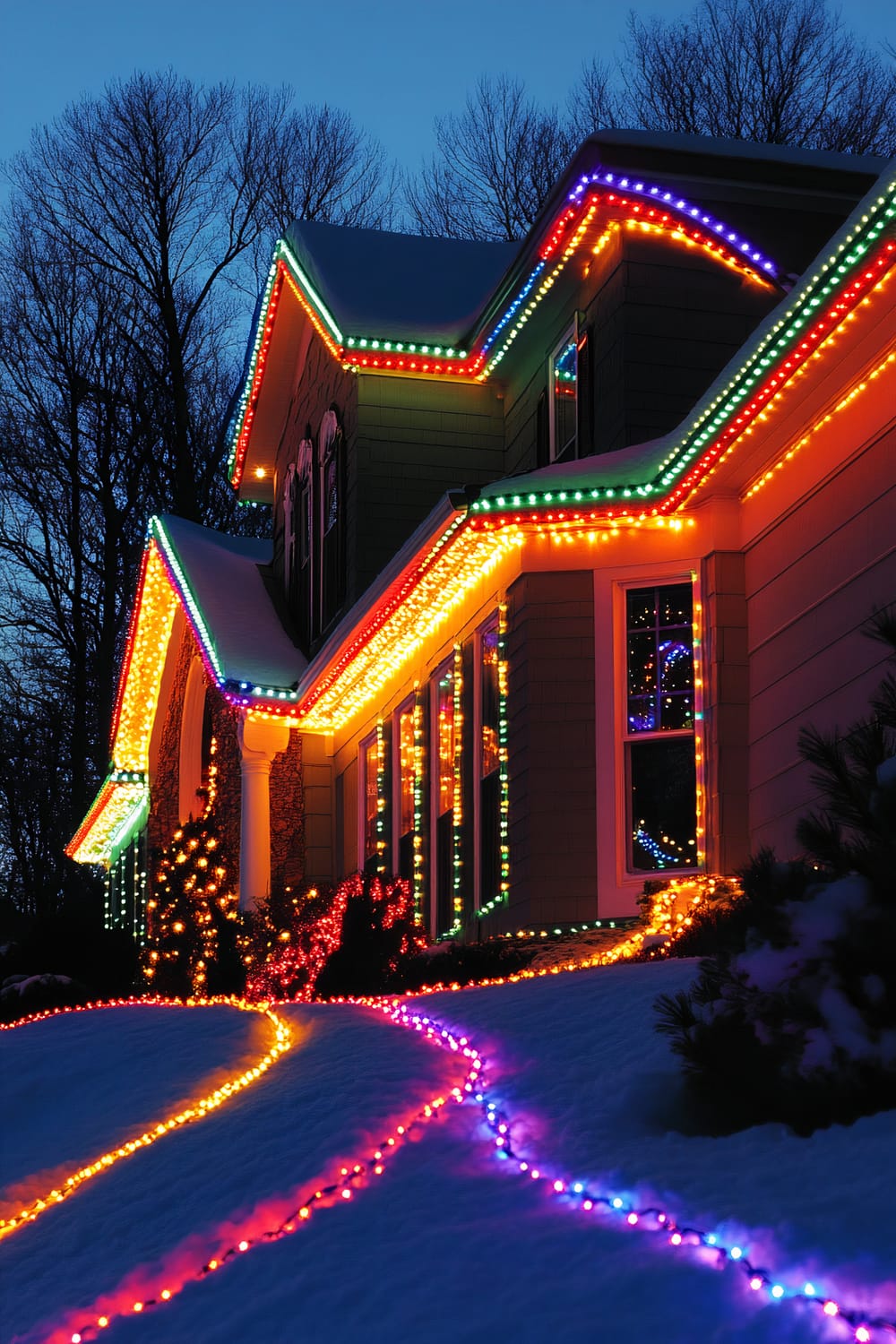 A house with colorful Christmas lights displays an array of lights in various colors, including green, yellow, red, blue, and purple. The lights adorn the roofline, windows, and shrubs surrounding the home. The ground is covered with snow, reflecting the vibrant light display. Bare trees in the background can be seen against a twilight sky, adding to the festive winter atmosphere.