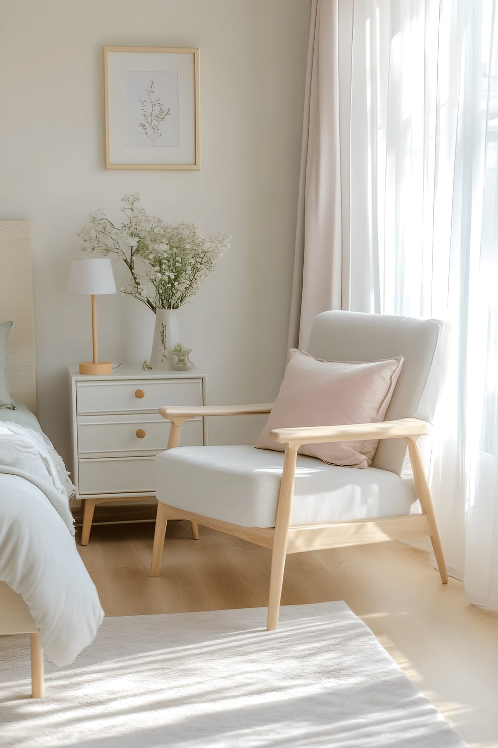 A Scandinavian bedroom with icy rose painted walls, light wood furniture including a bed with white bedding and pastel aqua pillows, a minimalist white bedside table hosting a pastel yellow lamp, a light grey armchair sporting a pastel pink cushion, and a soft lilac rug on the floor. The room is generously lit via large windows dressed with sheer white curtains.