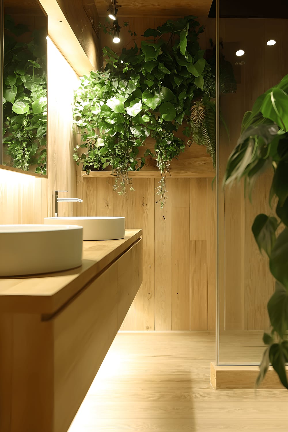 An eco-friendly bathroom in Dongdaemun featuring bamboo flooring, a wooden vanity made from reclaimed wood, minimalist fixtures, and indoor plants. The room's design maximizes use of natural daylight, and a calming color palette of greens and browns is used. The bathroom incorporates energy-efficient lighting.