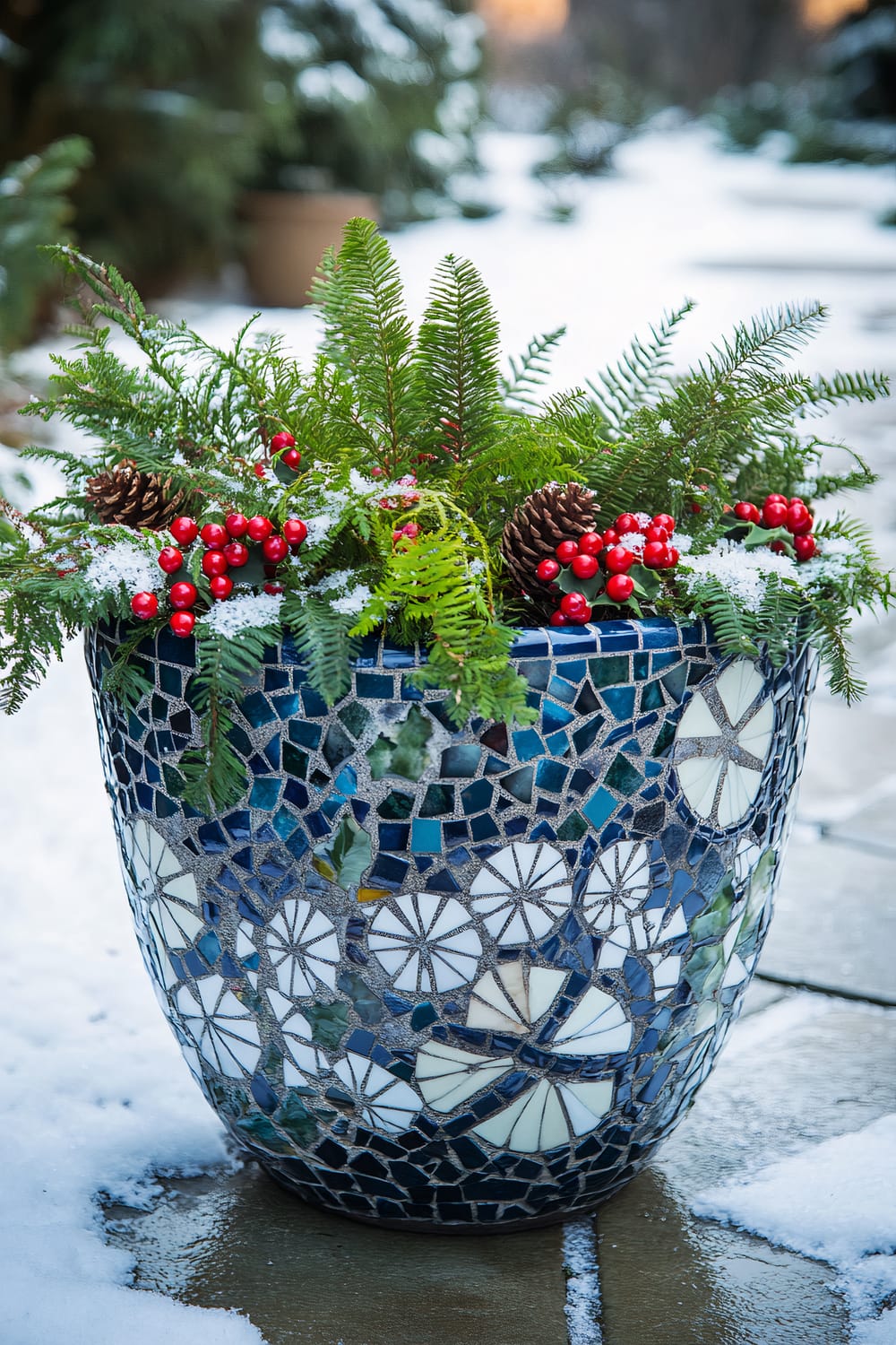 A beautifully crafted stone mosaic planter with intricate blue and white patterns, filled with evergreen ferns, red berries, and pinecones. It is placed on a decorative stone pathway in a Scandinavian-inspired garden, surrounded by snow-covered greenery and softly falling snow.