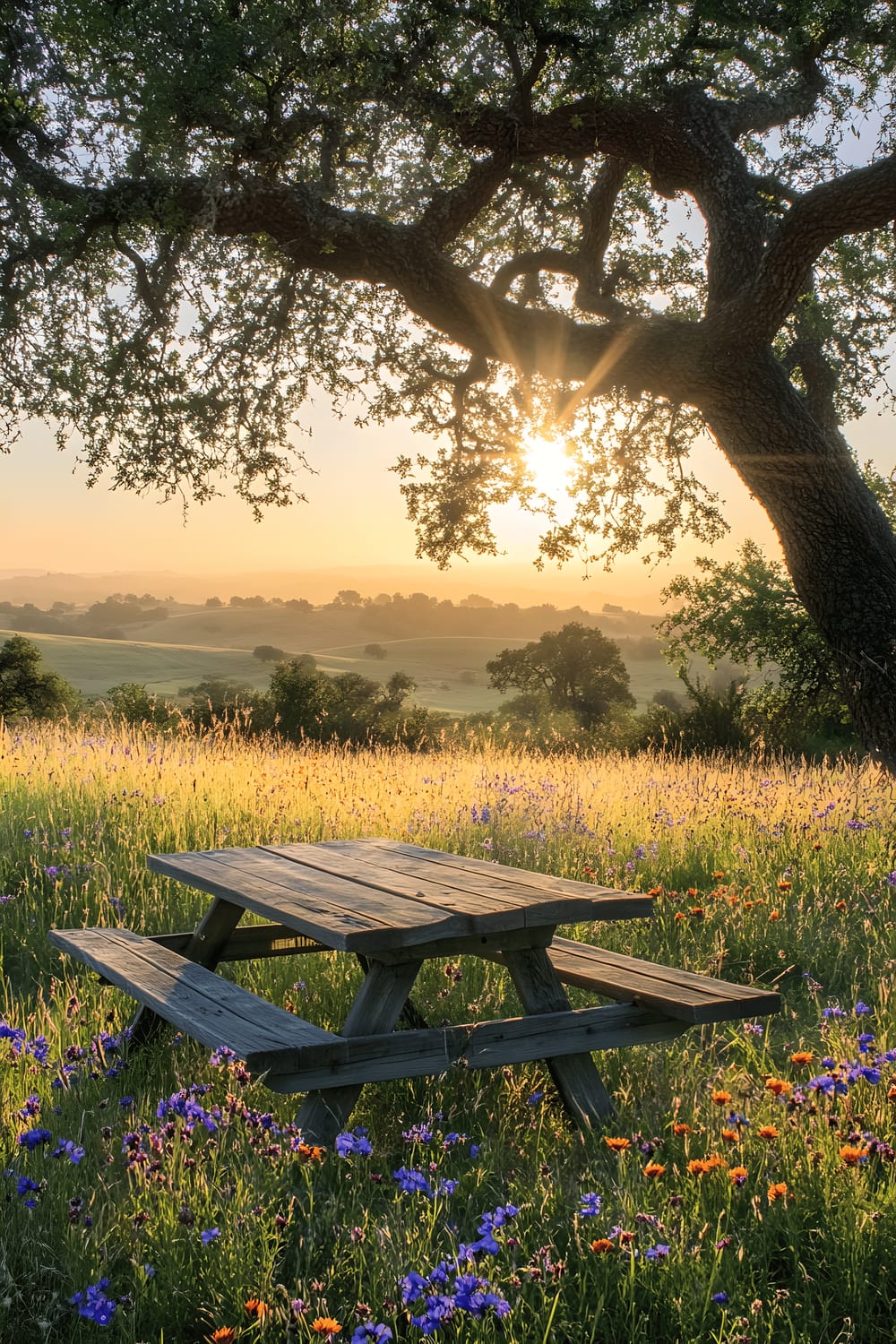 A vast backyard leads to an open field teeming with vibrant wildflowers. In the middle ground, a wooden picnic table is situated under the shade of a large oak tree. The bright, golden hue of wheat fields sway gently under the caress of the breeze, complementing the orange-tinted hues of the setting sun in the background.