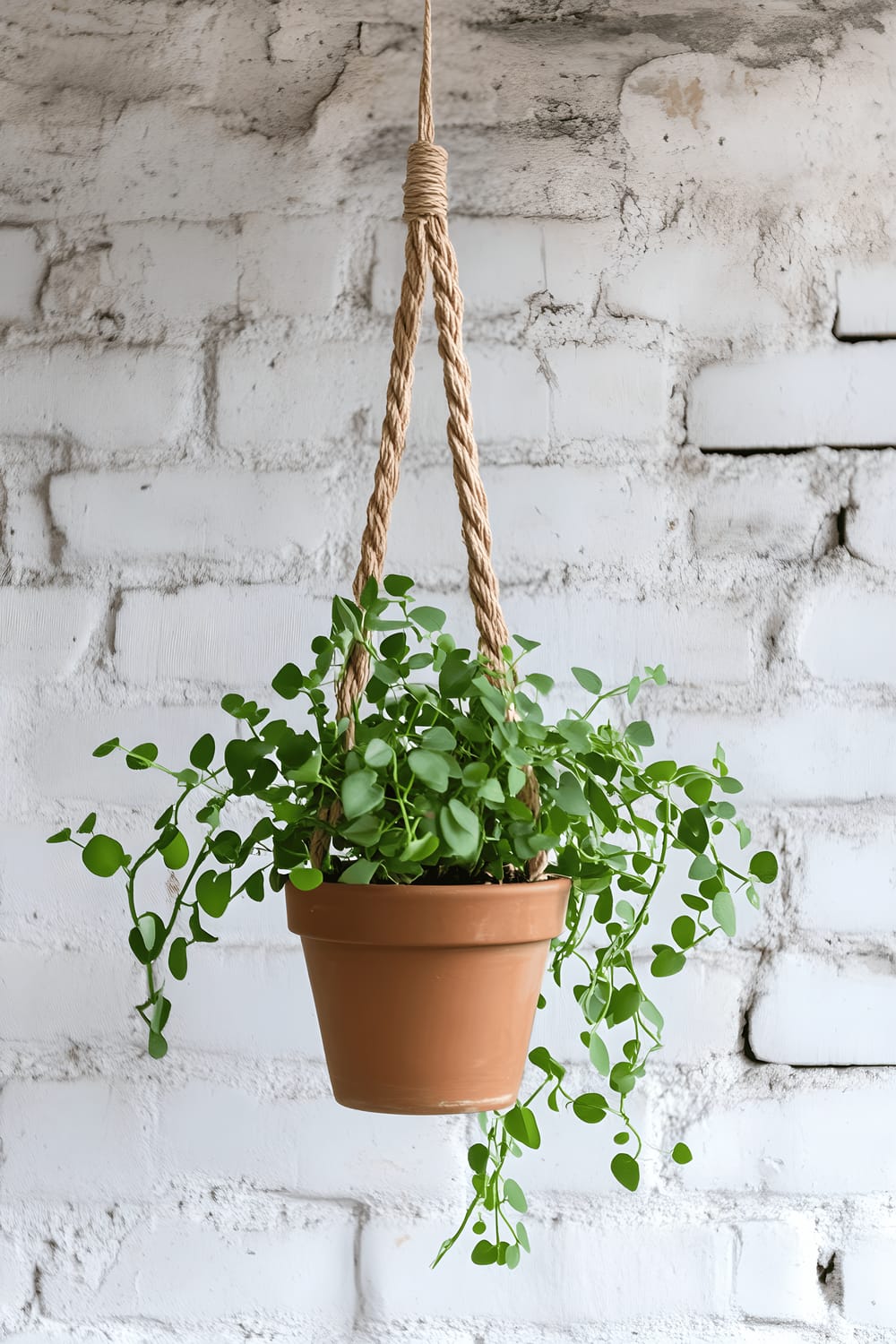 A DIY macramé plant holder, intricately handwoven, suspends a small terracotta pot overflowing with sprawling green plants against the backdrop of a rustic brick wall that's been painted white.