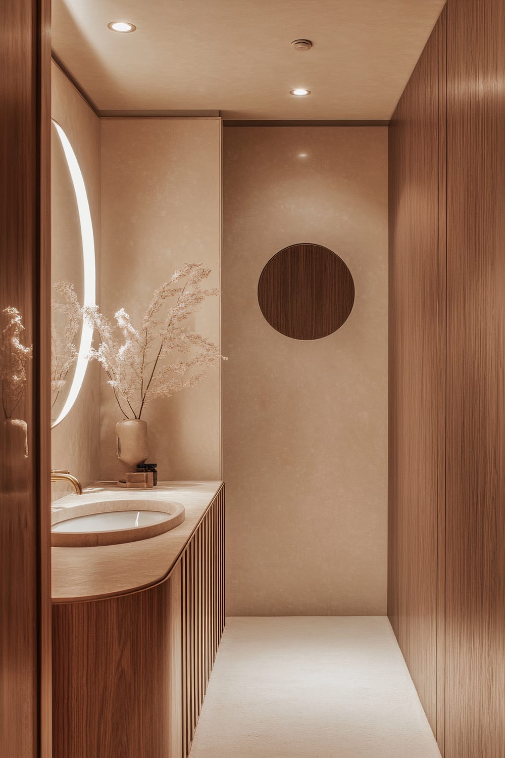 An elegant and minimalist bathroom with neutral tones. The focal point is a softly lit round mirror above a curved vanity made of warm wood. The sink, also rounded, is seamlessly integrated into the vanity, and a light-colored stone countertop carries a ceramic vase with dried florals. The walls and ceiling are finished in a muted beige, complemented by recessed lighting that enhances the space's tranquil ambiance. A small circular artwork is centered on the far wall.