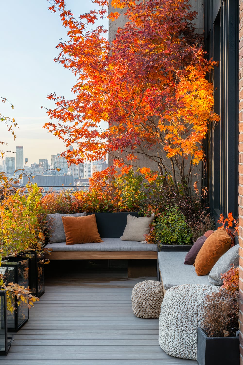 A city balcony adorned with vibrant autumn foliage and chic outdoor furniture. A long wooden bench lined with grey cushions and accented by burnt orange and neutral pillows forms the seating area. The wooden deck is complemented by knit poufs and black lanterns scattered around. A stunning backdrop of a tree with bright, fiery red leaves adds a burst of color, while the distant cityscape provides a contrasting urban touch.