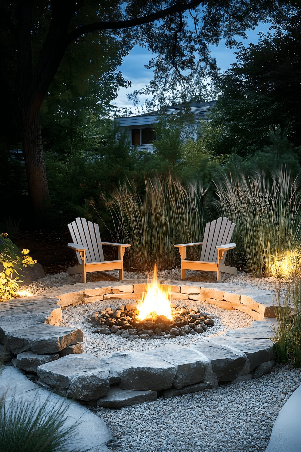 A small but functional backyard with a stone fire pit at the center, flanked by two Adirondack chairs. The yard is lit by subtle ground lighting that casts a soft glow on the native grasses around, which sway gently in the night breeze.