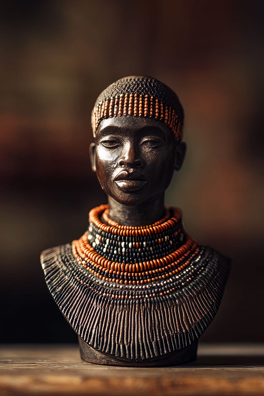 A close-up of a handcrafted antique African Maasai warrior figurine in frontal view, carved from rich ebony wood. The figure is adorned with traditional Maasai attire, including a vibrant beaded collar and a flowing robe, accurately showcasing the warrior’s cultural heritage. Positioned on a simple reclaimed wooden shelf against a dark, softly blurred background, gentle ambient lighting highlights the figurine’s strength and intricate details.