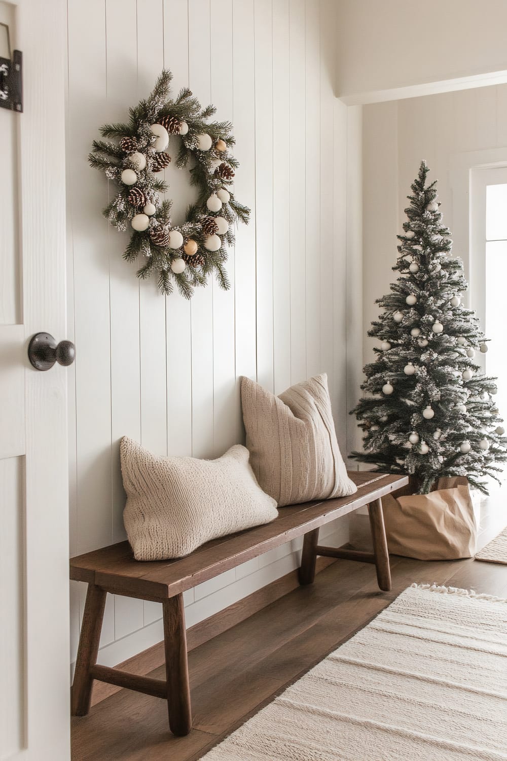 A tastefully decorated holiday-themed entryway features a minimalist yet festive vibe. A rustic wooden bench with two textured beige pillows sits against a white shiplap wall. Above the bench, a green wreath adorned with pine cones and white ornaments hangs. A small Christmas tree beside the bench is decorated with white ornaments and lightly flocked, standing in a brown paper wrapping. The scene exudes warmth and elegance through its subtle holiday touches.