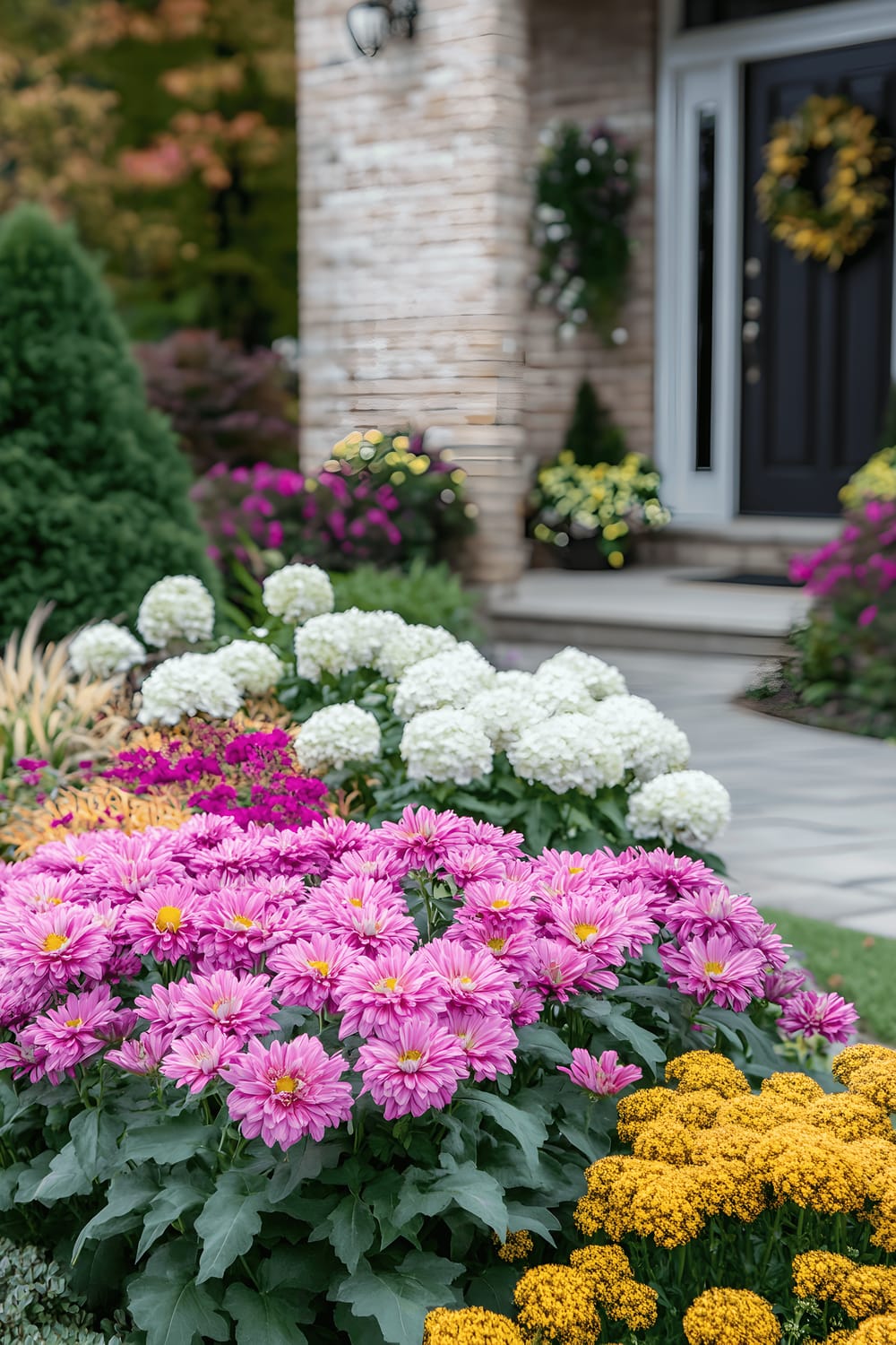 A charming garden in front of a red brick house with vibrant pink chrysanthemums, golden coleus plants, and green shrubs. The garden features a range of different flowers, including white and lavender blooms, along with hydrangeas in subtle pastel tones. A paved path winds its way towards the front door of the house, which is highlighted by a decorative wreath. All around the garden, neatly manicured grass connects and frames the colorful spectacle of flora.