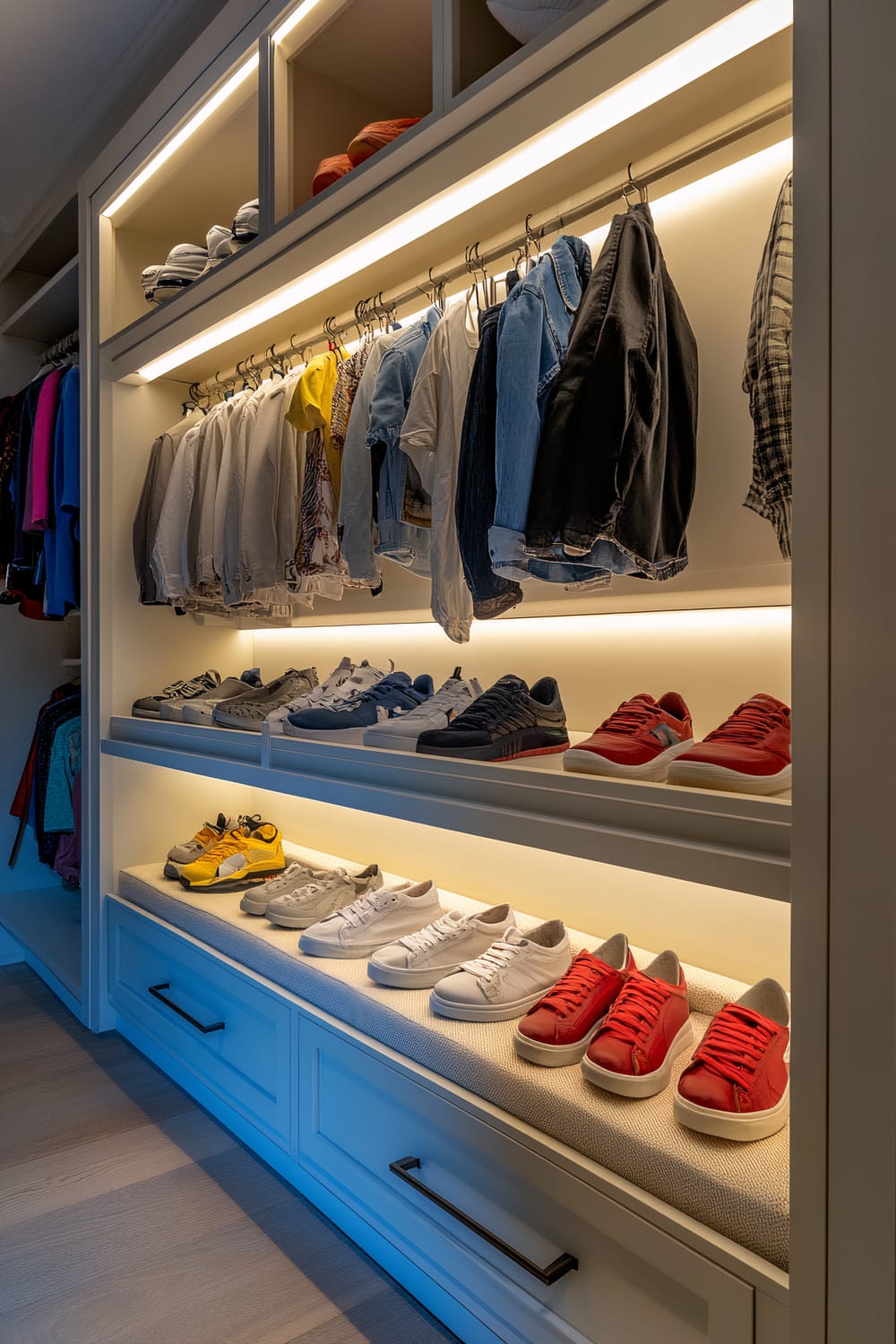 A pre-teen walk-in closet with a dedicated shoe wall, displaying various sneakers and shoes in built-in cubbies with soft LED lighting. Clothes and accessories are organized on hanging rods and open shelves. Below the shoe wall is a soft bench with storage drawers.