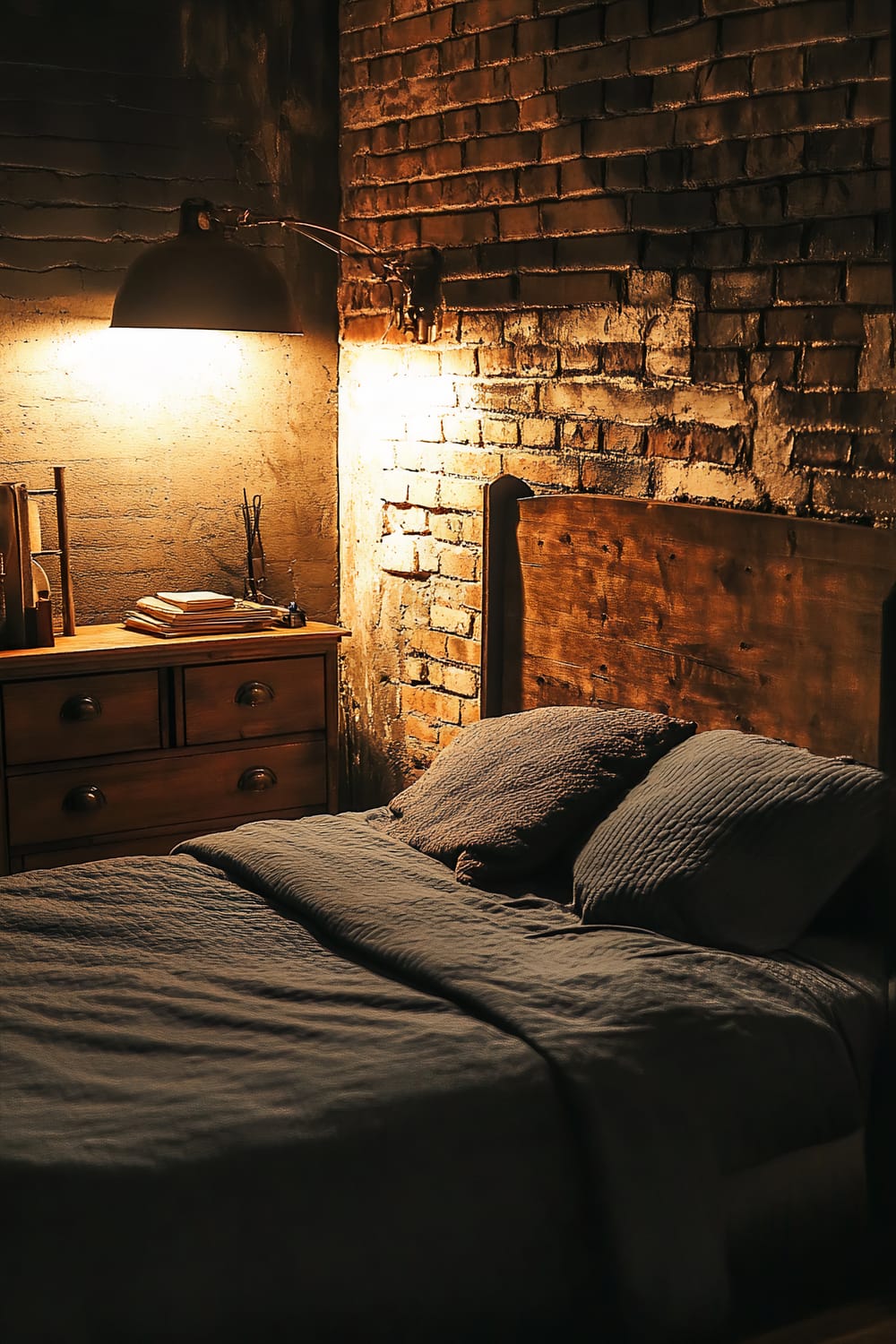 A grunge-style bedroom with a dark grey bed and wooden headboard. An overhead lamp casts a warm glow on the distressed brick wall. A worn wooden dresser with two metal knobs stands beside the bed, holding books and other items. The room has an edgy yet tidy appearance.