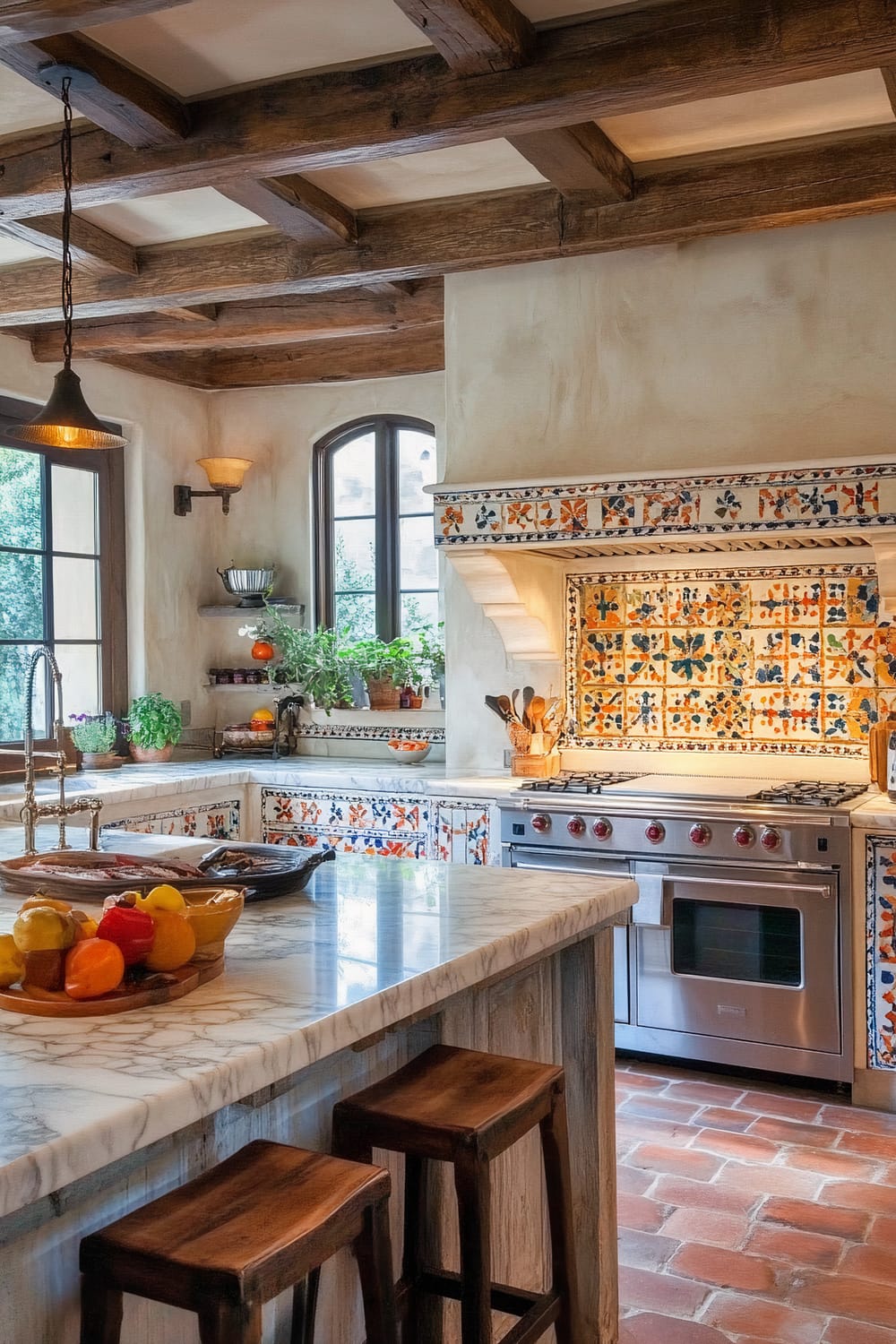 A rustic kitchen featuring exposed wooden ceiling beams, arched windows, and intricate colorful tilework on the backsplash and range hood area. The countertops are made of white marble, and there are wooden barstools at the kitchen island. Various plants and kitchen utensils are placed around, adding a homey feel.