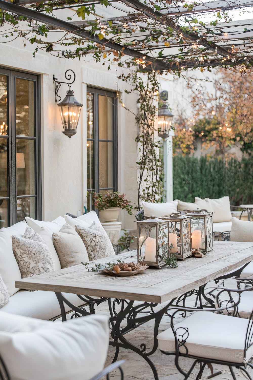 An outdoor seating area featuring a rustic wooden table surrounded by cushioned chairs with decorative pillows. The table holds four large, metal-framed lanterns with lit candles, and a plate with pine cones and greenery. The background shows tall windows with wrought iron lantern sconces, climbing vines, and plants in pots. Fairy lights are strung overhead, intertwined with the vines.