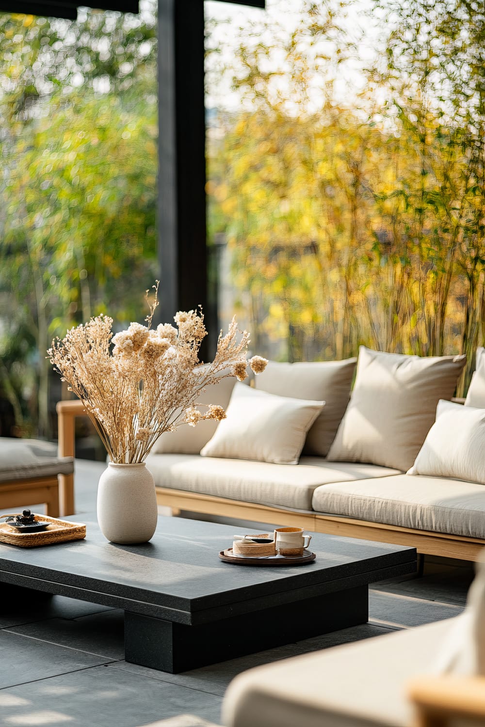 Outdoor seating area with modern design, featuring beige cushioned sofas around a sleek black low coffee table. The table holds a ceramic vase with dried flowers and a wooden tray with a teacup. The backdrop includes greenery with bamboo plants.