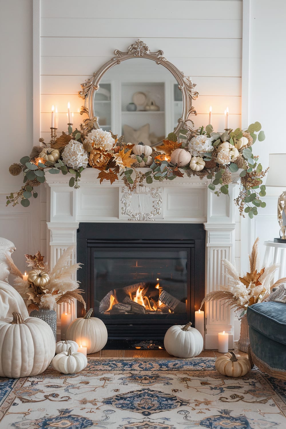 A living room showcases a decorated fireplace mantel adorned with autumn-themed elements such as white pumpkins, eucalyptus leaves, flowers, and candles. Above the mantel, a round, ornate mirror is mounted. A cozy fire burns in the fireplace, surrounded by more white pumpkins and candles. The room includes a richly patterned blue and cream area rug and a plush seating area partially visible on the right.