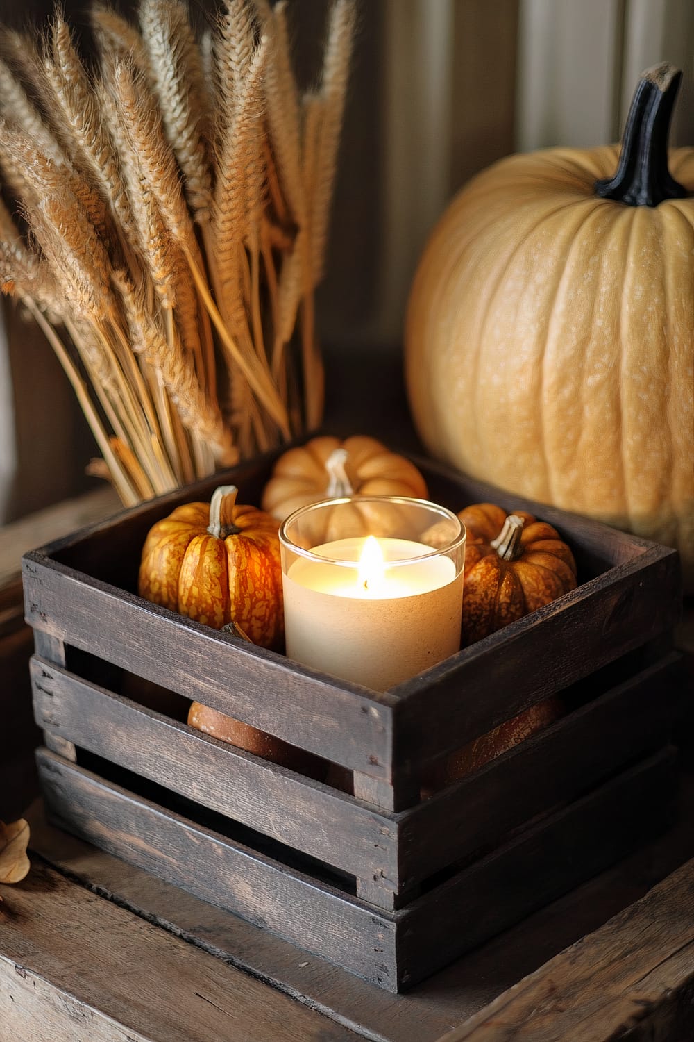 A small wooden crate holding a curated selection of fall items, including mini pumpkins, a single lit candle, and dried wheat stalks. The crate is placed on a rustic wooden surface. A larger pumpkin is visible in the background, adding to the autumnal feel.