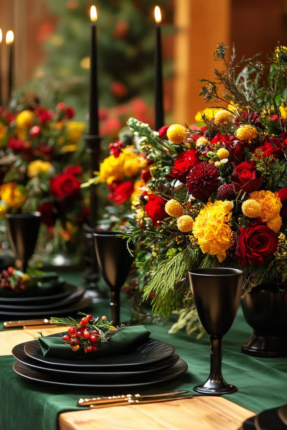 A rustic-chic Thanksgiving table arrangement featuring rich emerald green linens, matte black candle holders with black candles, vibrant floral arrangements with red and yellow blooms, natural wood table surfaces, black cups, and tableware set on an emerald green tablecloth.