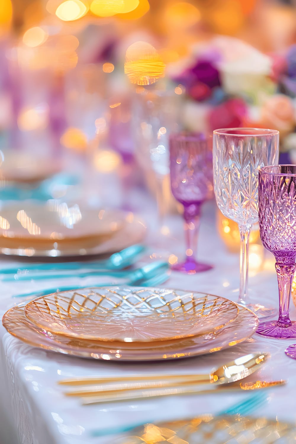 A meticulously arranged dining setup featuring decorative metallic plates with intricate patterns in gold and rose gold hues. The table is adorned with vibrant, colorful utensils and clear glassware with pastel accents, enhancing the festive and cohesive vibe.