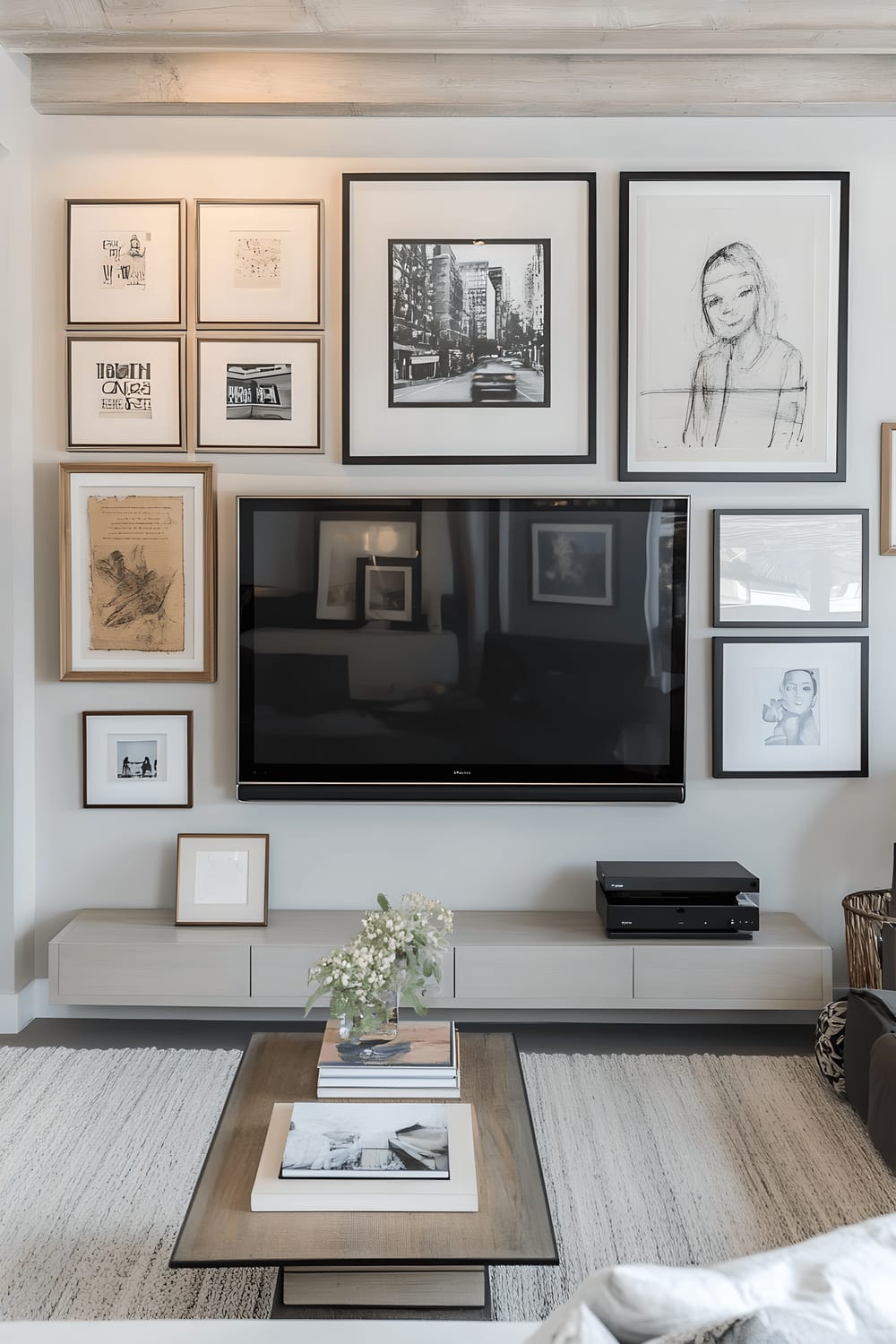 A sophisticated living room with a large flat screen TV mounted on a wall filled with an eclectic mix of framed artwork, inspirational quotes, and decorative elements. Dim soft lighting subtly highlights the art, creating a visually pleasing arrangement that effortlessly combines functionality and aesthetics.