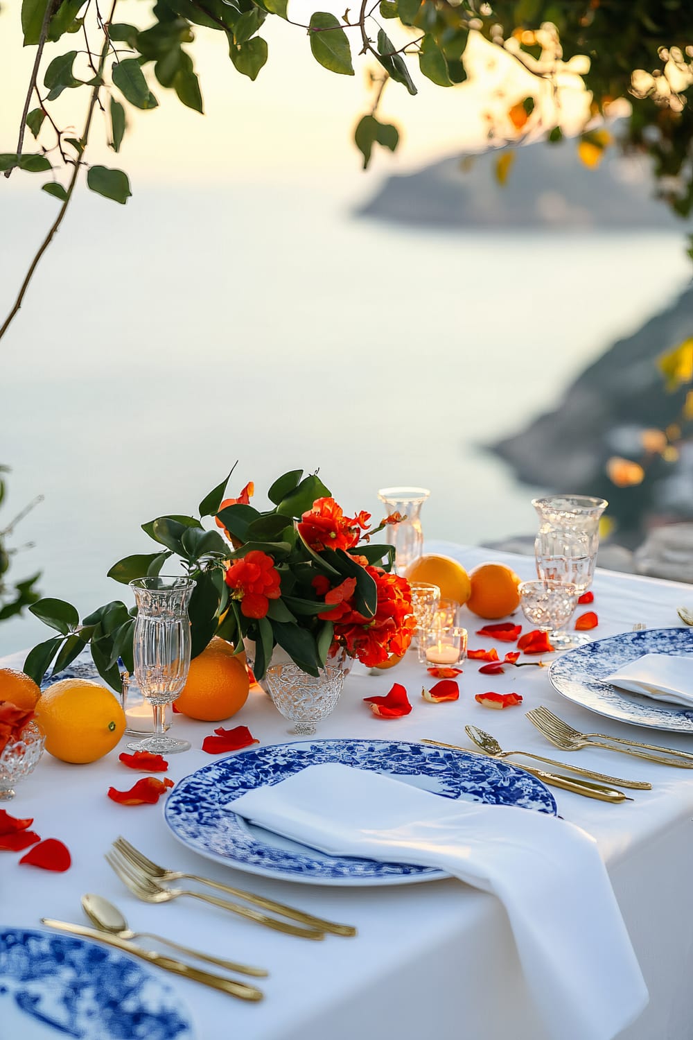 A beautifully set dining table with a white tablecloth overlooking a serene ocean view. The table is adorned with blue and white porcelain plates, gold cutlery, and crisp white napkins. A centerpiece of vibrant red flowers and oranges adds a splash of color. Crystal glassware and scattered red rose petals enhance the romantic ambiance, while the soft natural light highlights the scenic backdrop of the coastline.