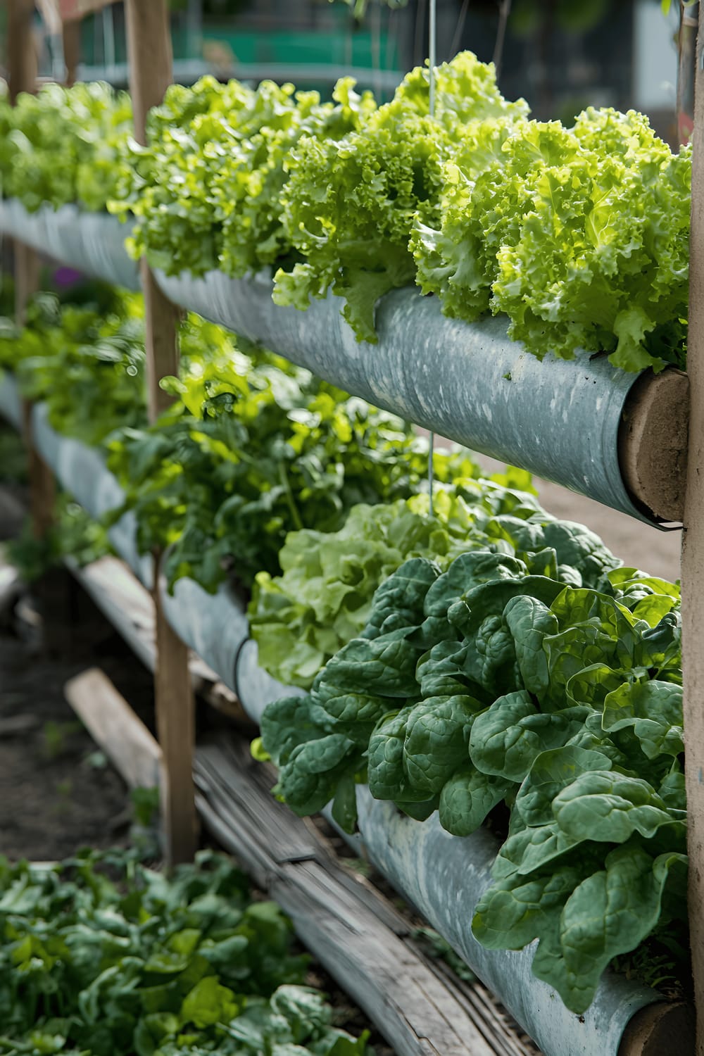 A space-efficient DIY urban garden featuring baby spinach, curly kale, romaine lettuce, and watercress, all planted in repurposed rain gutters neatly mounted on a wooden trellis.