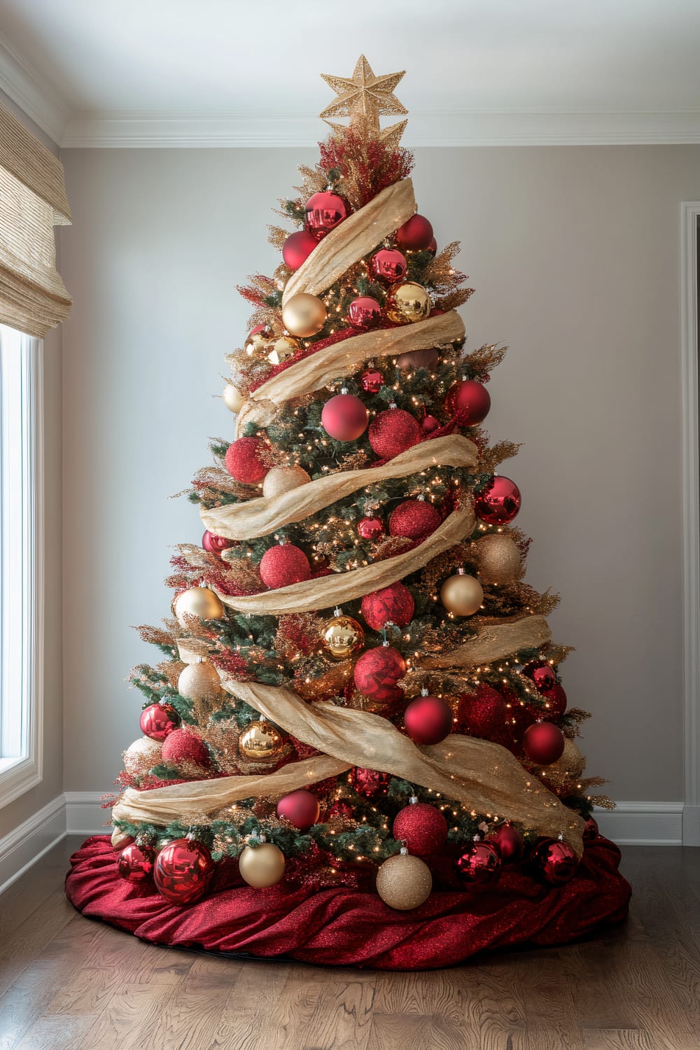 This is a beautifully decorated Christmas tree standing in a minimally furnished room with light grey walls and light wood floors. The tree is adorned with a combination of red and gold ornaments, including baubles of varying sizes, and ribbon garlands that spiral around the tree in a gold hue. A large, glittering gold star sits atop the tree. Soft, warm white lights twinkle throughout the tree, complemented by a red tree skirt at the base.