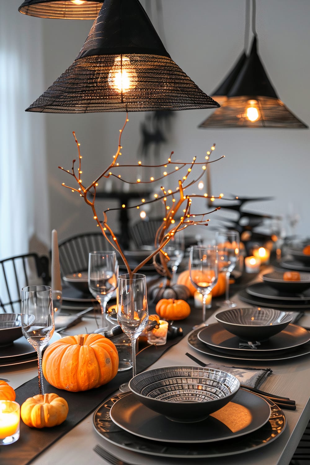 A modern dining table set with a Halloween theme. The table features black dishware, glassware, and utensils, accented by small orange pumpkins and tealights. Black wicker pendant lights hang above, illuminating the table. A branch centerpiece decorated with fairy lights adds a whimsical touch.