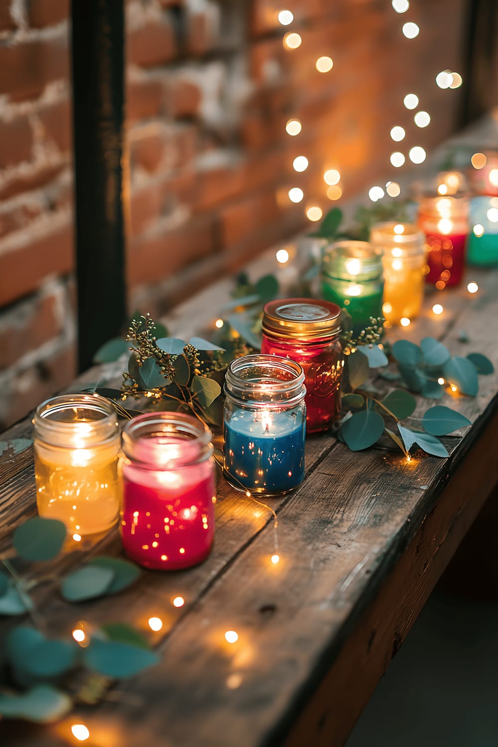 A reclaimed wooden table with a centerpiece consisting of mason jars filled with multicolored candles, nestled among twinkling fairy lights and sprays of eucalyptus. Industrial pendant lights hang softly above, casting dramatic shadows across the setup, and offset by an exposed brick wall in the background.