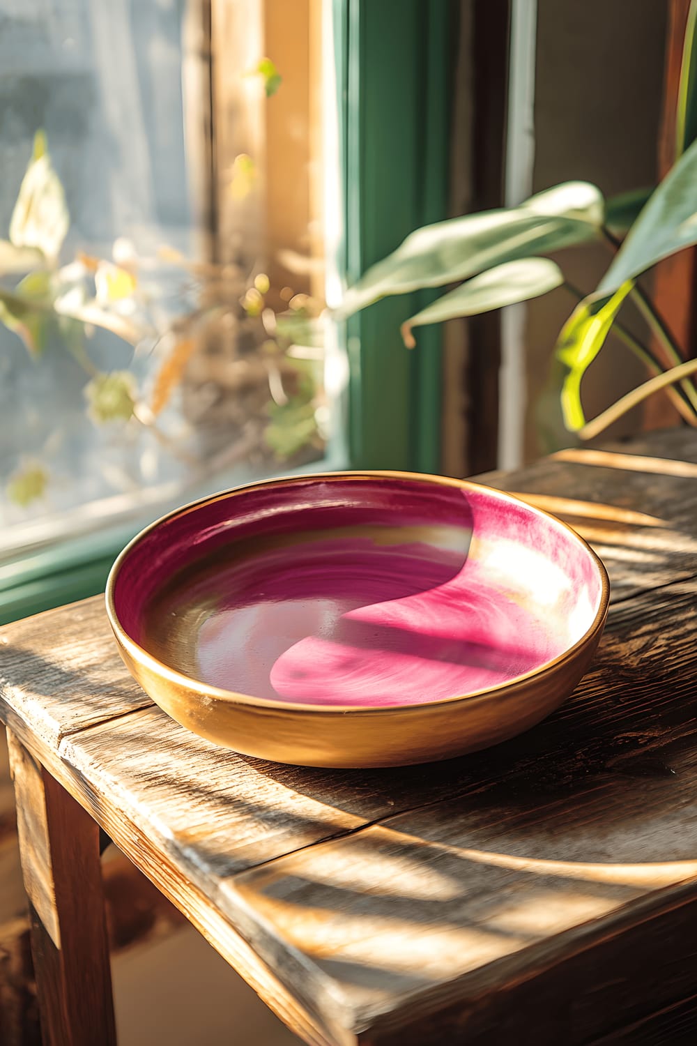 A hand-glazed, magenta and gold, DIY ceramic dish with imperfect strokes sits on a reclaimed wooden side table under warm sunlight.