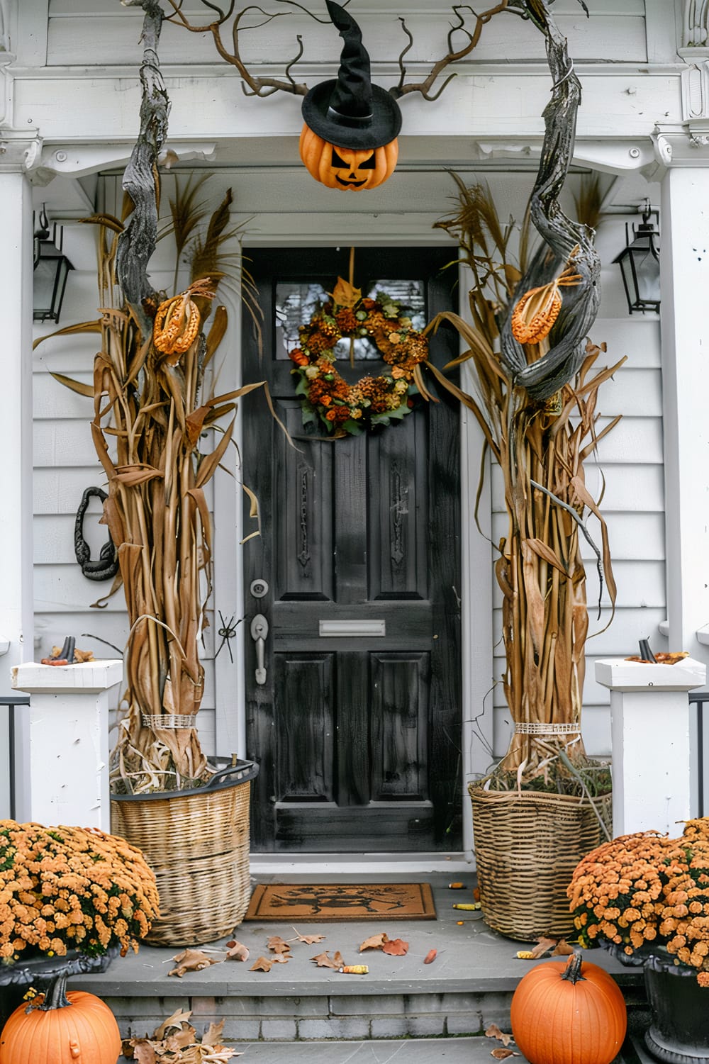 A festive Halloween-themed front porch displays a rustic black door adorned with an autumn wreath and flanked by stalks of dried corn in large wicker baskets. A menacing jack-o'-lantern wearing a witch's hat hangs above the entrance, while smaller pumpkins and vibrant orange chrysanthemums are placed on the steps. Fallen leaves are scattered around, adding to the seasonal decor.