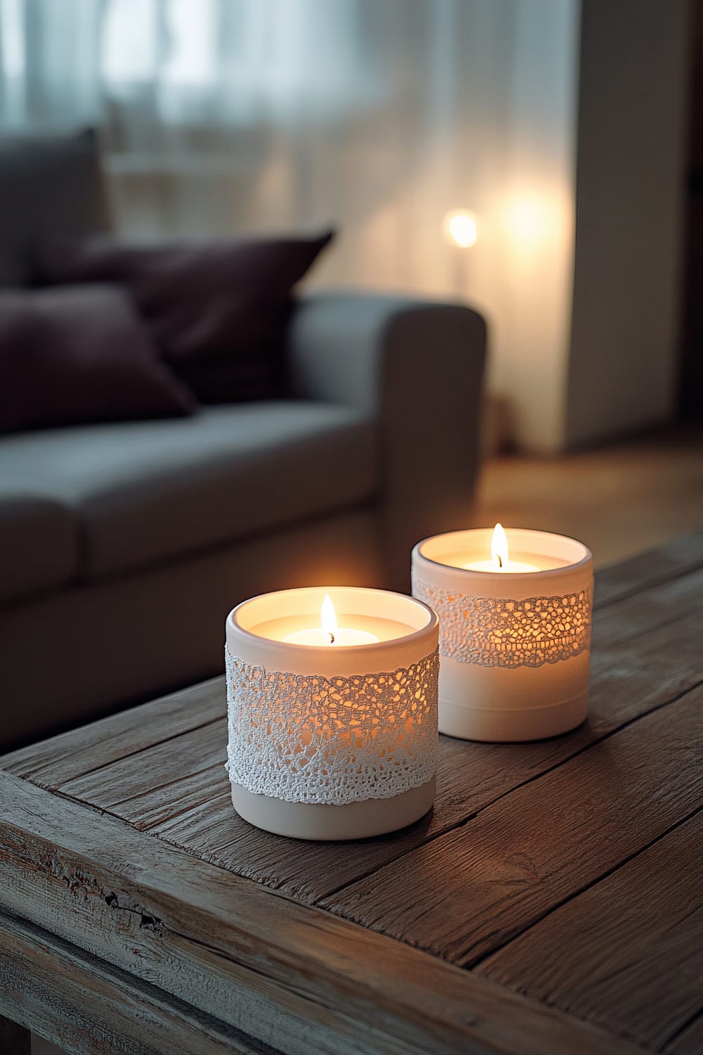 A pair of white lace candle holders with subtle bronze accents, placed on a rustic wooden coffee table. The candles are lit, casting a warm and inviting glow. In the blurred background, a grey sofa with dark cushions is visible, along with softly lit surroundings that enhance the cozy ambiance of the living room.