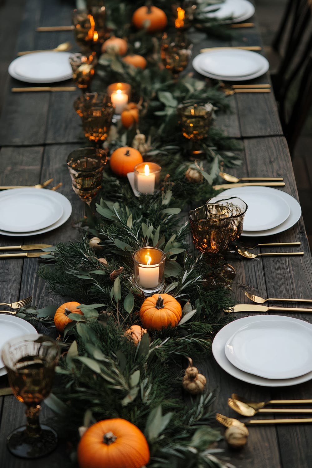 A rustic wooden table is set for a meal with white plates, gold cutlery, and amber glass goblets. An autumn-themed centerpiece runs the length of the table featuring small pumpkins, greenery, and pinecones, interspersed with lit votive candles.