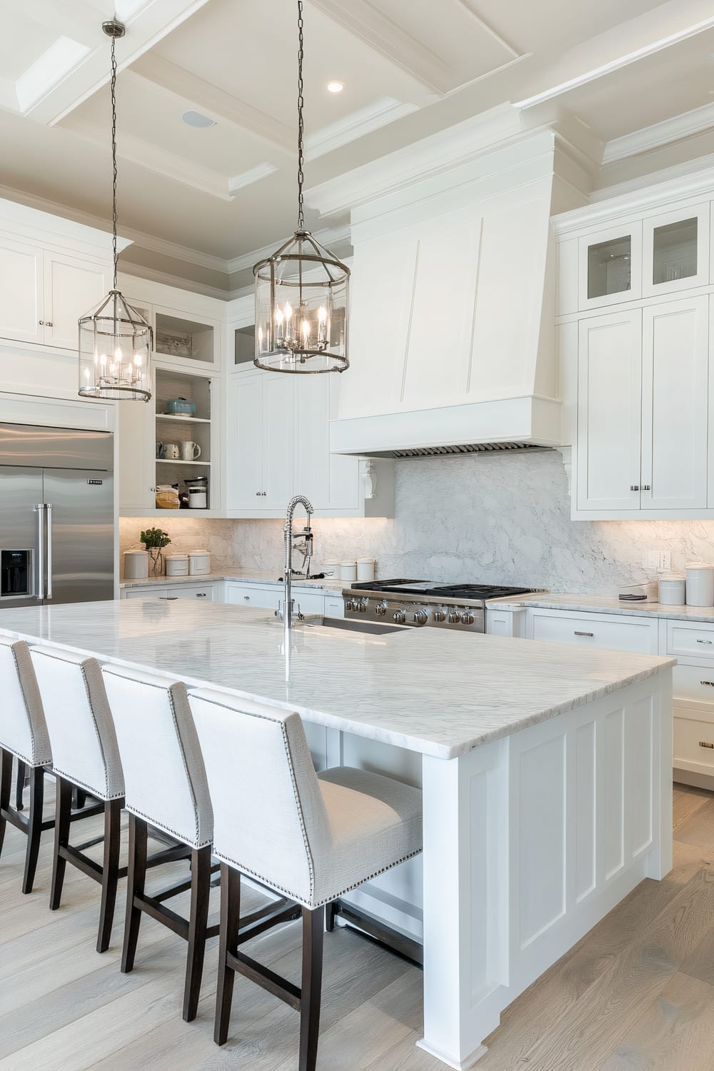 A modern kitchen featuring a large white marble island with a built-in sink and a high-arch faucet. The island is flanked by four upholstered barstools with nailhead trim and dark wooden legs. Above the island hang two glass pendant lights with a cage design. The kitchen includes white cabinetry with upper glass-front sections and a large stainless steel refrigerator. The backsplash and countertops are made of a subtle white and grey marble. The hood over the stove features a simple, clean design.