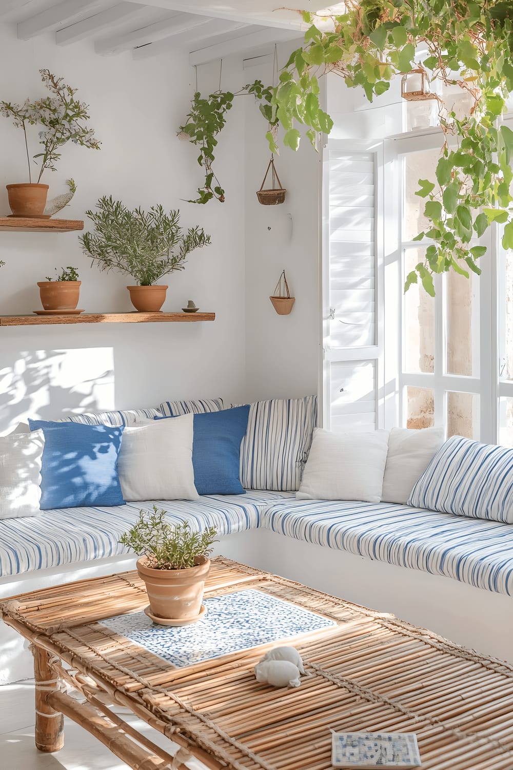 A bright and spacious Greek Island-inspired living room featuring whitewashed walls, a bay window with contrasting blue shutters, and natural wooden furniture. The room includes a relaxed rattan sofa adorned with blue and white striped cushions, a coffee table with intricate mosaic pattern, and open shelving displaying minimalist decor. Verdant olive branches in ceramic pots and vibrant bougainvillea spilling from window boxes, adding to the serene and breezy ambiance. An elegant pendant light illuminates the space with a warm, inviting glow.