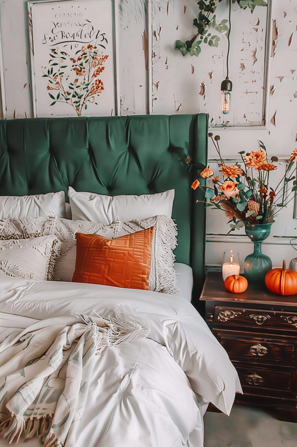 An alluring bedroom scene featuring a plush green tufted headboard against a distressed white paneled wall. The bed is adorned with a crisp white duvet, layered with textured beige and plush burnt orange pillows. A soft throw blanket, casually draped, adds to the comfortable allure. To the side, an ornate dark wood bedside table displays a vibrant floral arrangement in a green vase, two small pumpkins, and a candle. Above, a suspended Edison bulb light adds a warm, rustic touch, accompanied by climbing vines and a framed botanical print.