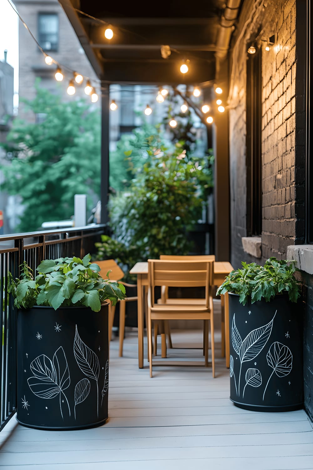 A minimalist urban balcony adorned with sleek, stylishly white, chalk-painted planters featuring simplistic chalk drawings of leaves and geometric shapes. A petite wooden bistro set and vertical garden are also part of the scene, beneath a canopy of softly glowing string lights. The natural evening light further enhances the chalk art on the planters, contributing to a serene ambiance.